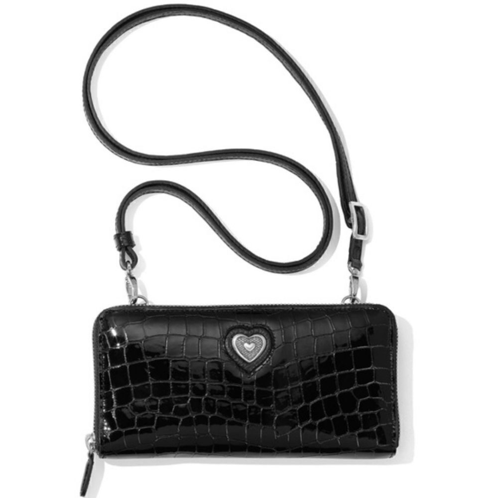 RARE Brighton Bellissimo Heart Black Patent Croco Embossed Zip Crossbody Wallet